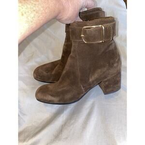 C La Canadienne Jesse Women's 9.5 M Brown Suede Buckle Strap Block Bootie Boots